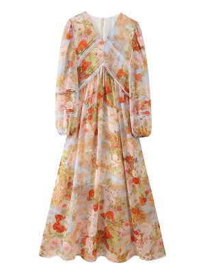 Summer V-Neck Printed Long Sleeve Lace Trim Dress