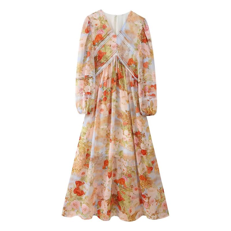 Summer V-Neck Printed Long Sleeve Lace Trim Dress