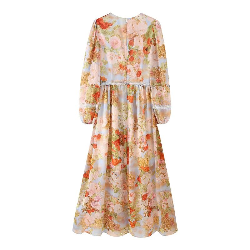 Summer V-Neck Printed Long Sleeve Lace Trim Dress - Image 2