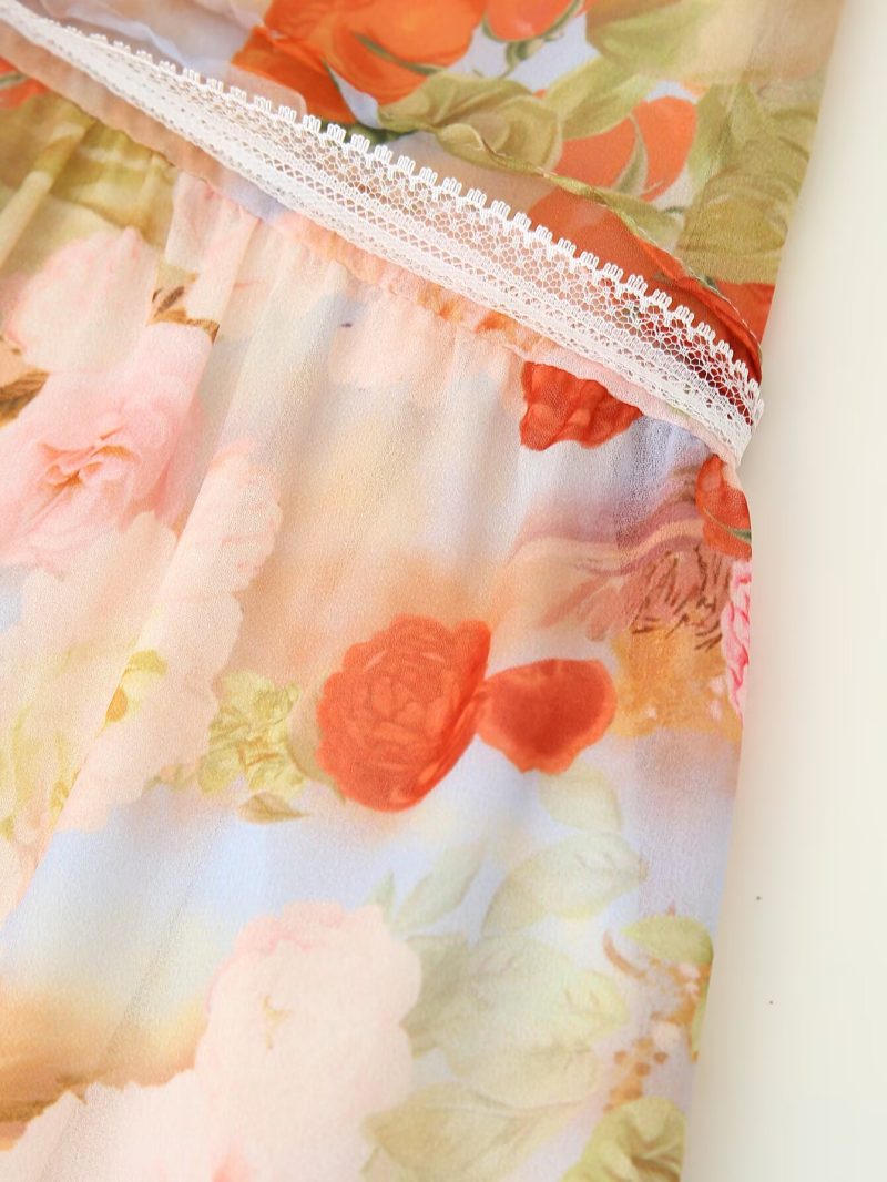Summer V-Neck Printed Long Sleeve Lace Trim Dress - Image 4