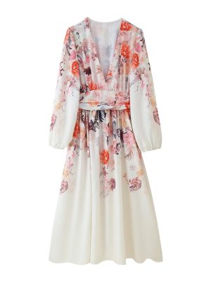 Autumn French Vintage Floral Print Belted Dress