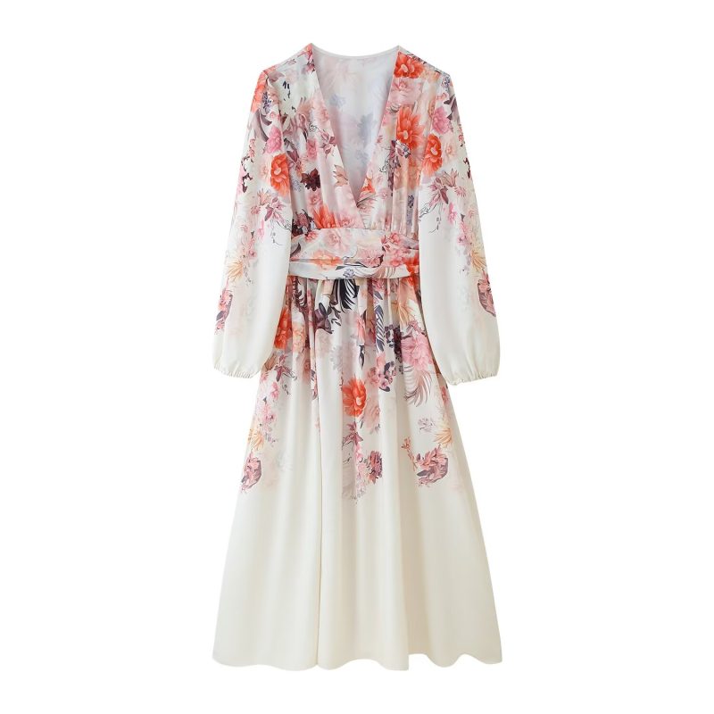 Autumn French Vintage Floral Print Belted Dress