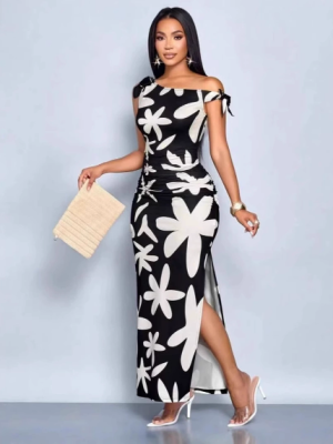 Floral One Shoulder Ruffled Waist Bodycon Dress