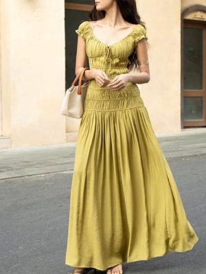 French V-Neck Pleated Sleeve Slim Wrinkle Dress