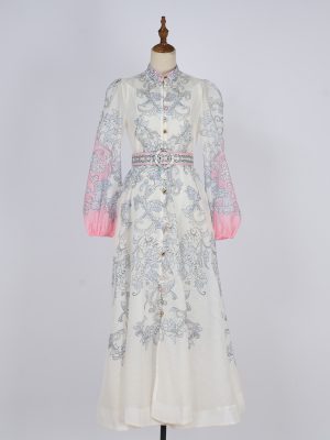 Women’s Retro Printed Lantern Sleeve Button Down Maxi Dress