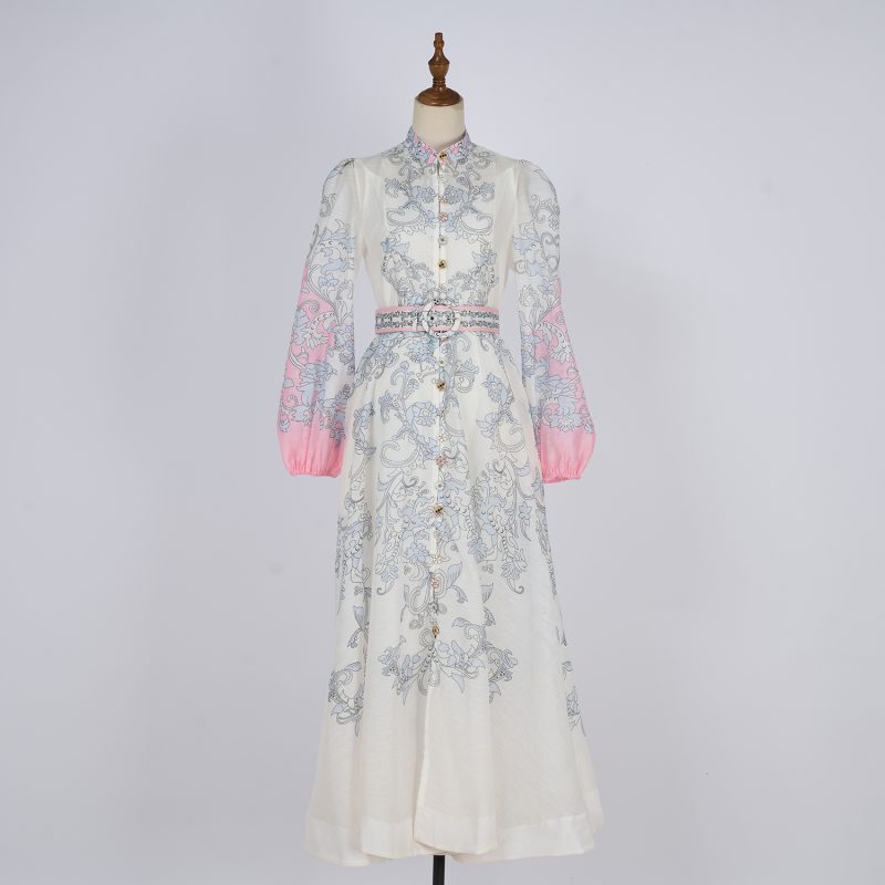 Women’s Retro Printed Lantern Sleeve Button Down Maxi Dress