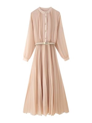 Chic Pleated Midi Dress with Belt & Sleeves