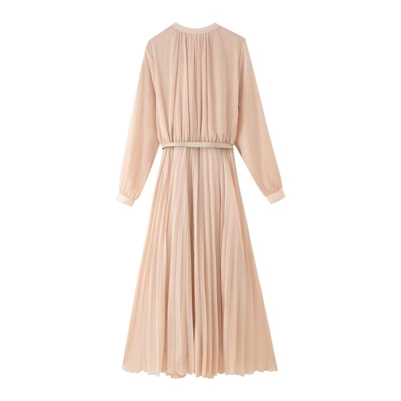 Chic Pleated Midi Dress with Belt & Sleeves - Image 2