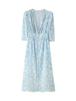 Women’s Summer V-Neck Printed Puff Sleeve Dress