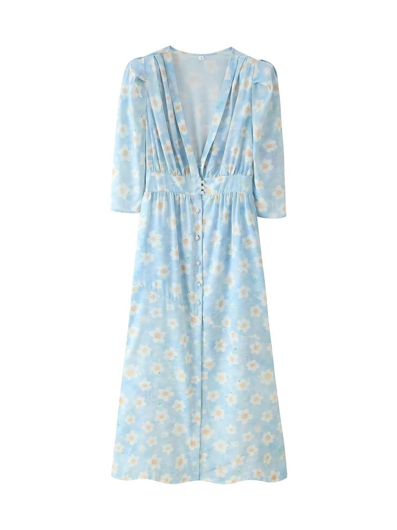 Women’s Summer V-Neck Printed Puff Sleeve Dress