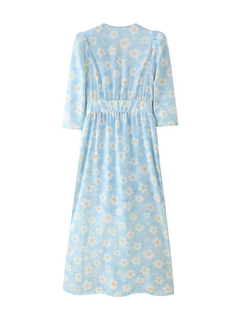 Women’s Summer V-Neck Printed Puff Sleeve Dress - Image 2