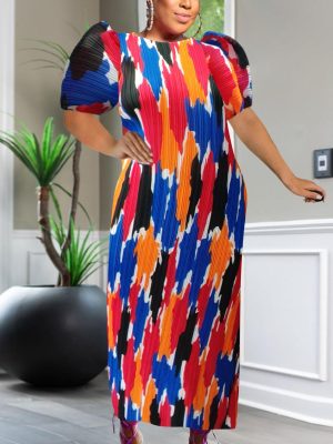 Women’s Short Sleeve Pleated Printed Casual Dress