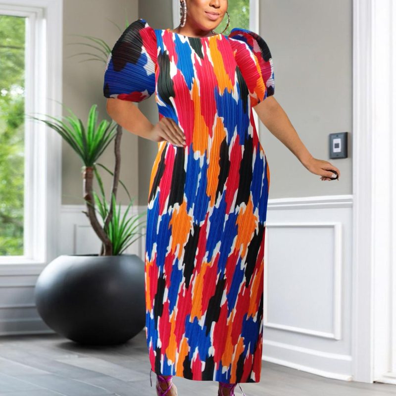 Women’s Short Sleeve Pleated Printed Casual Dress