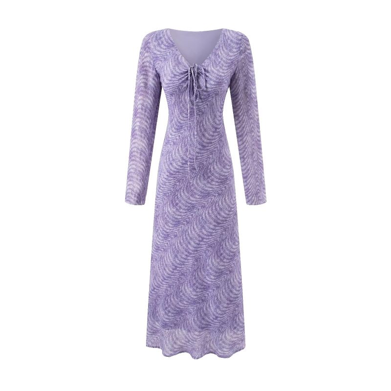 Women’s Summer V-Neck Tie Long Sleeve Beach Dress
