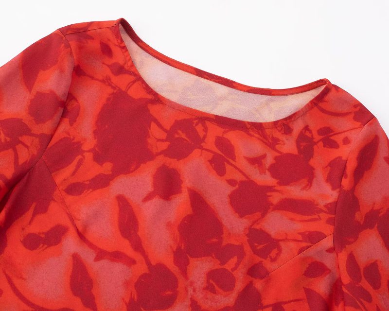 Women’s Autumn Rose Print Slim Fit Flared Dress - Image 4