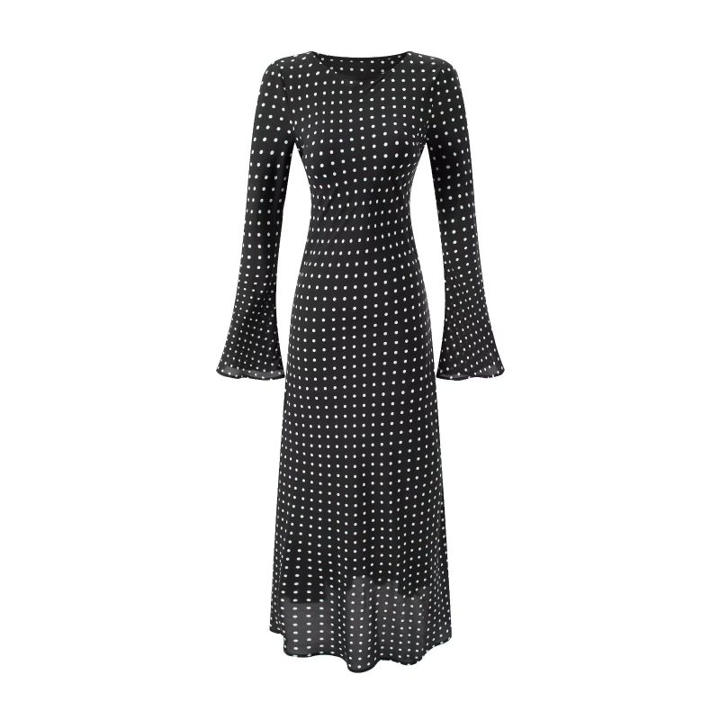 Elegant Women’s Polka Dot Flared Sleeve Slim Dress