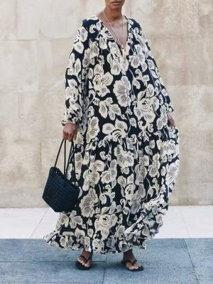 Women’s Bohemian Printed Rayon Long Sleeve Maxi Dress