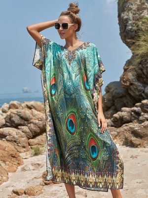 Feather Print Deep V Beach Cover Up
