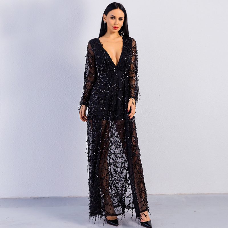 Tassel Sequin Long Sleeve Deep V Split Gown - Image 3