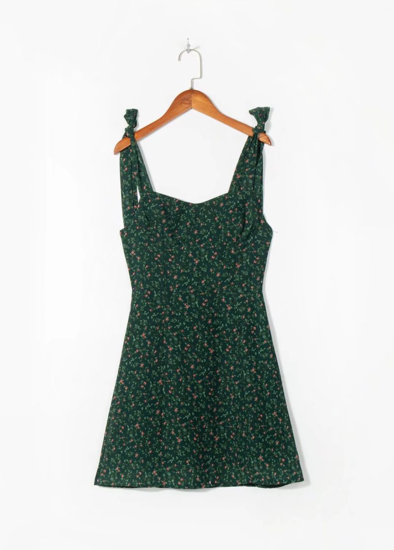 Summer Retro Dark Green Small Floral Sundress - Image 2