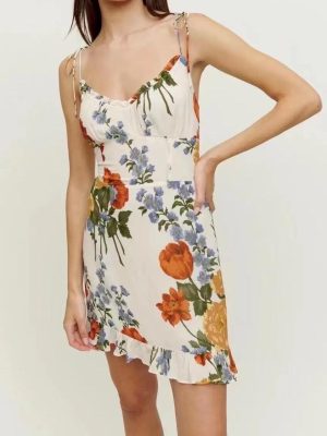 Spring Vintage Floral V-Neck Tie Strap Dress