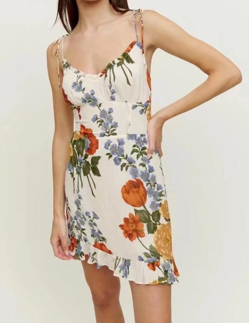Spring Vintage Floral V-Neck Tie Strap Dress