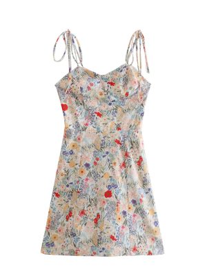 French Retro Slim Straps Printed Summer Dress