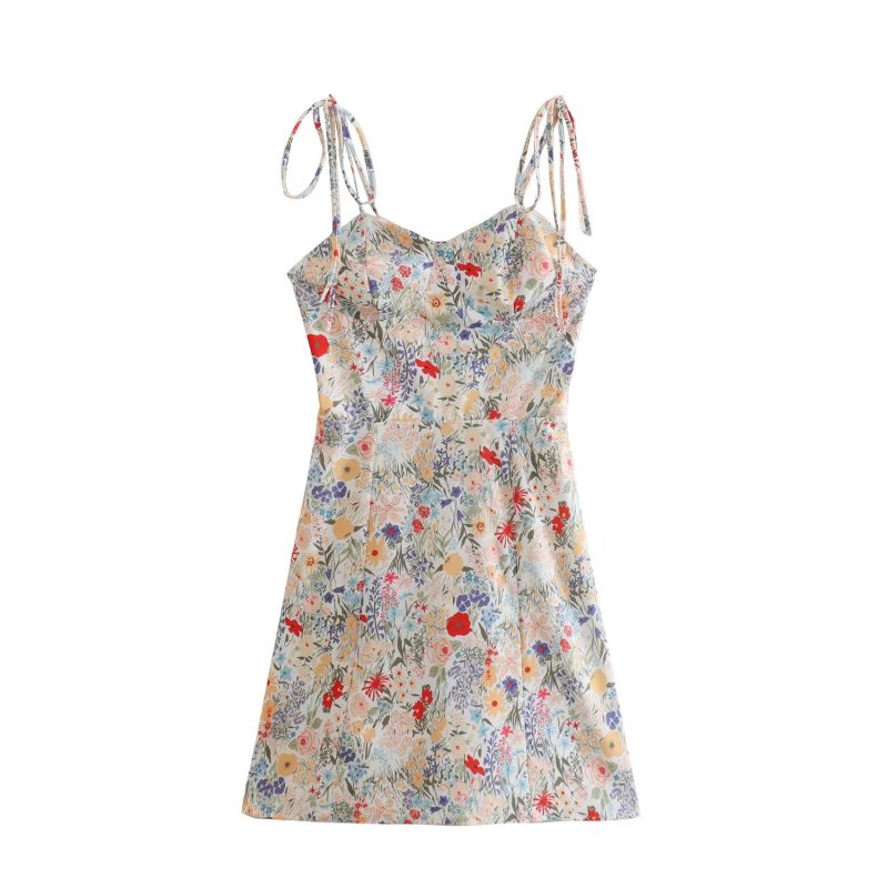 French Retro Slim Straps Printed Summer Dress