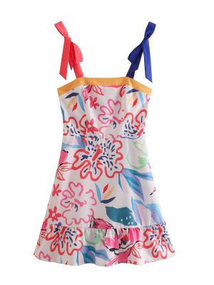 Tie Strap Retro Multicolor Print Backless Sundress