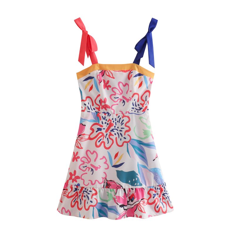Tie Strap Retro Multicolor Print Backless Sundress