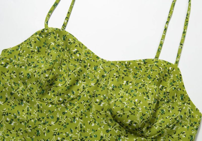 French Retro High Waist Green Floral Split Dress - Image 2
