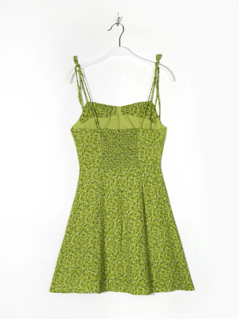 French Retro High Waist Green Floral Split Dress - Image 3