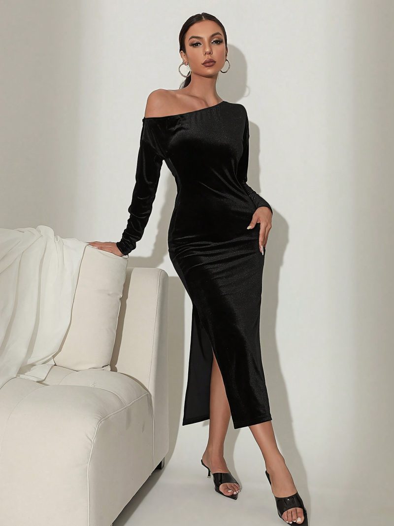 Gold Velvet Off-Shoulder Slim Hip Dress - Image 3