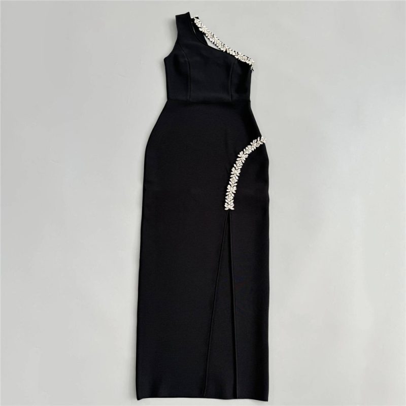 One Shoulder Rhinestone Slit Sleeveless Maxi Dress - Image 2