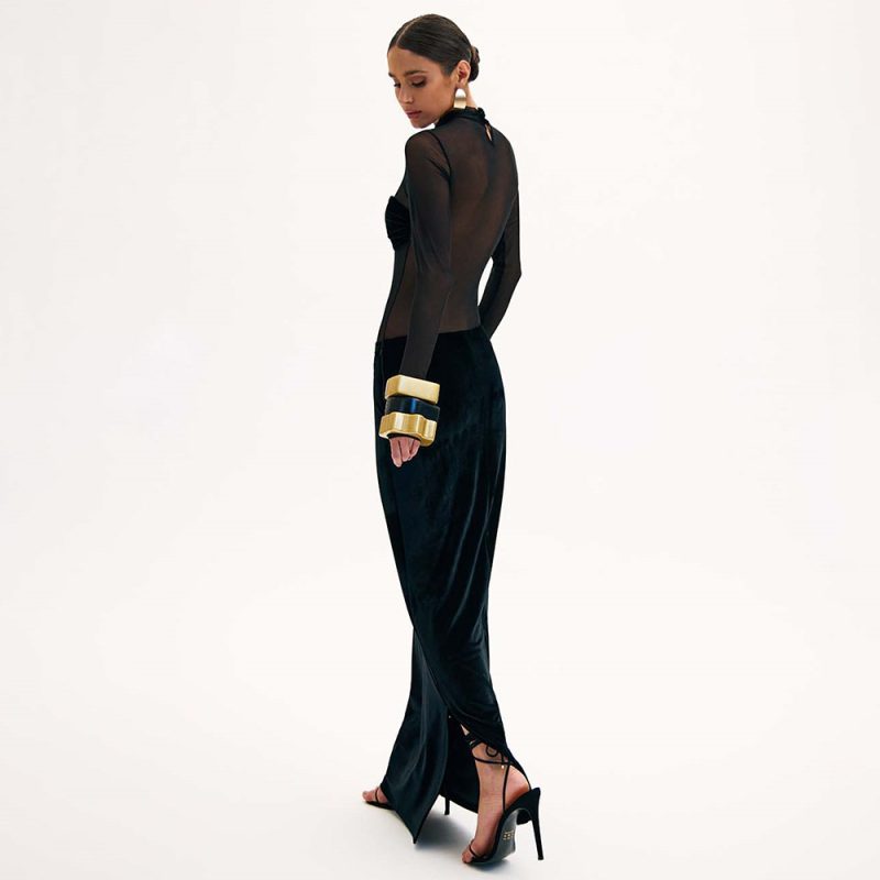 Women’s Black Mesh Velvet Long Sleeve Bodycon Dress - Image 3