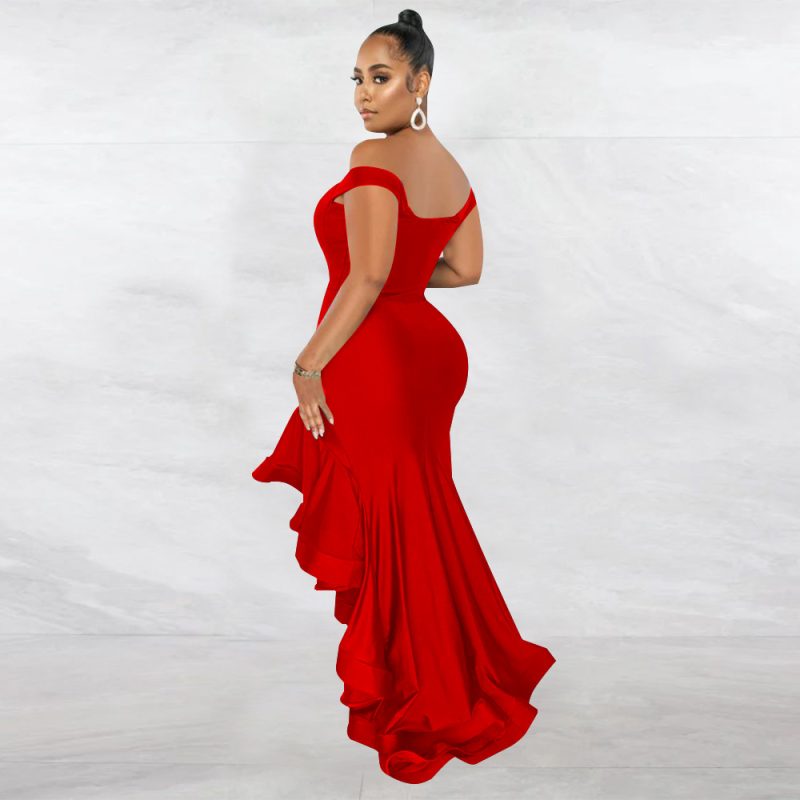 Elegant Flounce Fishtail Solid Color V Neck Dress - Image 2