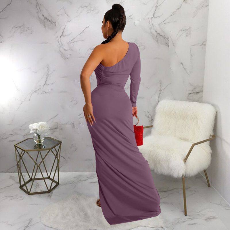 Stylish Solid Color Autumn Oblique Shoulder Maxi Dress - Image 2