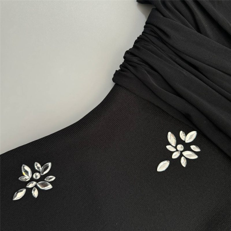 Glam Rhinestone Mesh Pleated Off-Shoulder Bandage Dress - Image 3