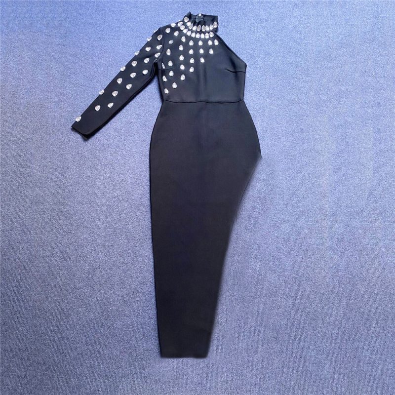One Shoulder Rhinestone Bandage Slit Party Dress - Image 2