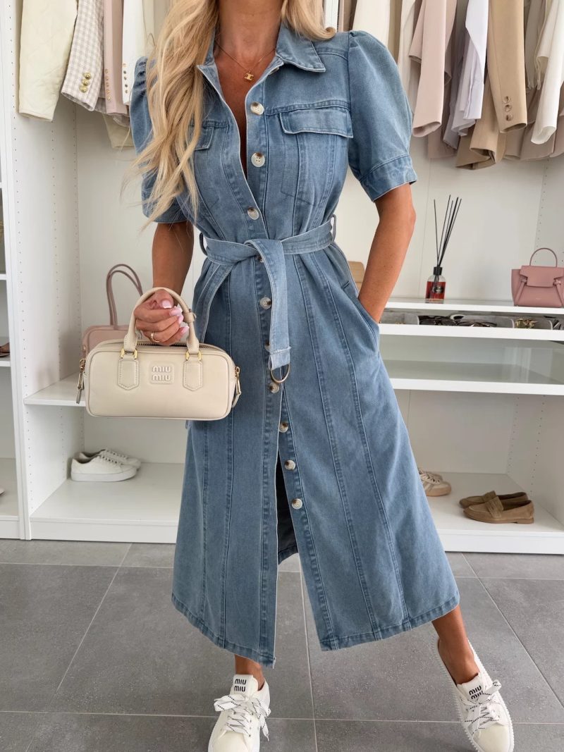 Women’s Summer Collared Lace-Up Denim Midi Dress - Image 3