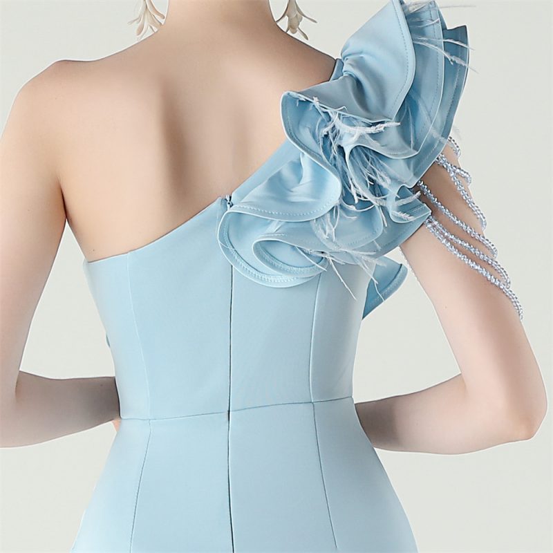 Women’s One Shoulder Beaded Satin High Slit Dress - Image 2