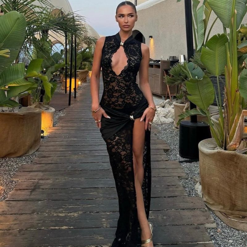 Women’s Sexy Lace Hollow Cut Out Slit Dress - Image 3