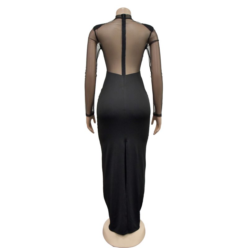Women’s Solid Color Mesh Rhinestone Long Sleeve Dress - Image 3