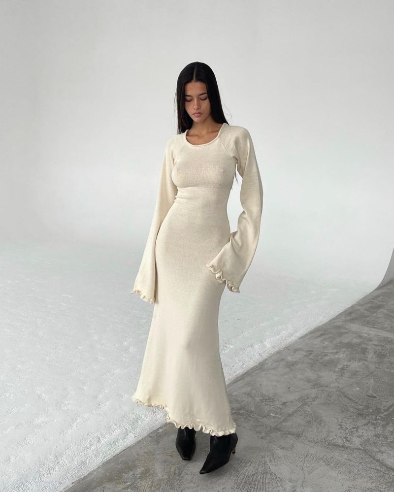 Backless High Waist Lace Up Woolen Dress - Image 4