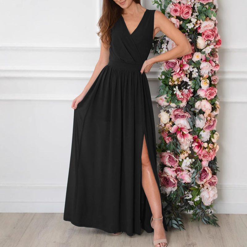 Women’s Summer Solid V-Neck Slit Dress
