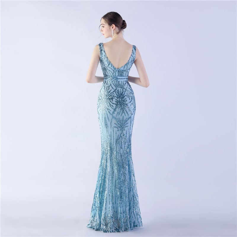 Women’s Ostrich Feather Beaded Side Slit Evening Dress - Image 2