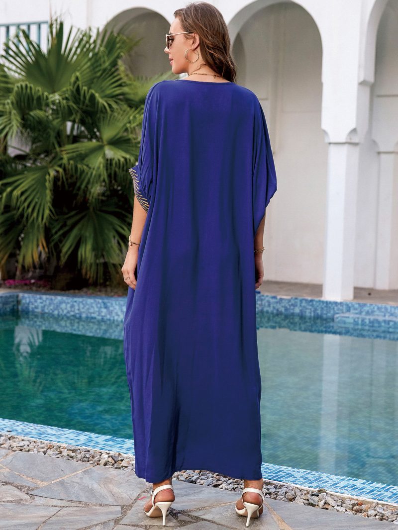 Navy Blue Embroidered Rayon Beach Cover-Up Robe - Image 3