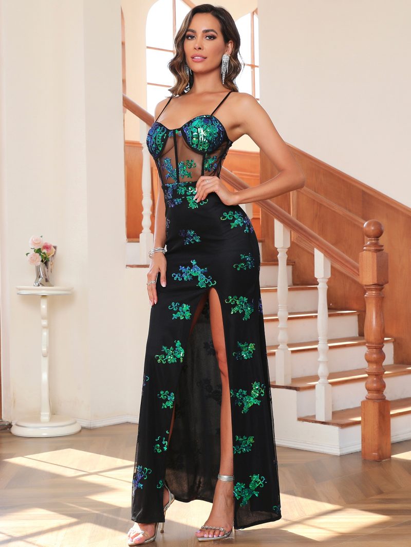 Women’s Green Sequin Sheer Party Evening Dress - Image 3
