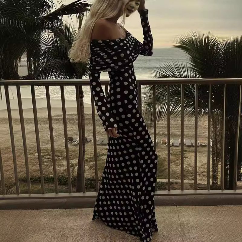 Spring Summer Off Shoulder Polka Dot Dress - Image 3