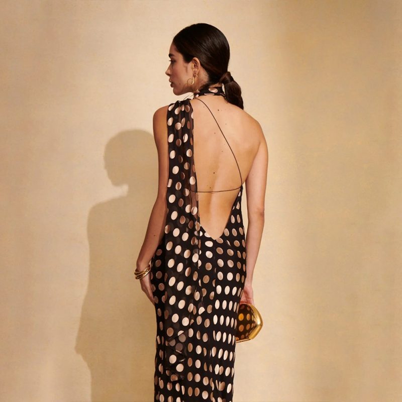 Elegant Halter Backless Polka Dot Chiffon Dress - Image 4